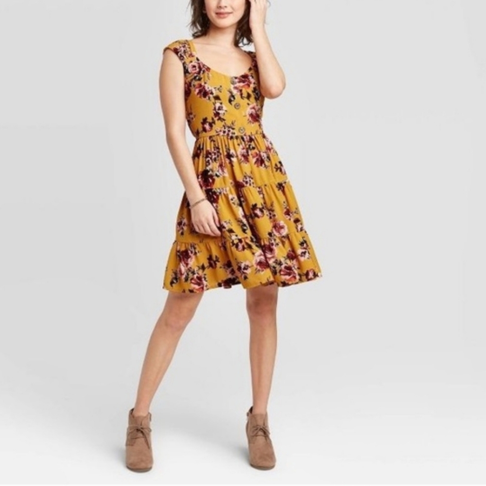 Women's Floral Baby Doll Summer Dress, Mustard Yellow Pink Floral, Size L